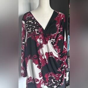 Avenue Black, White & Burgundy Floral Wrap Blouse